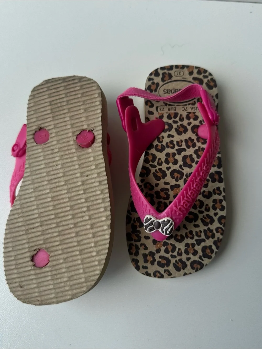 Havaianas Baby Girl Leopard Print Flip Flop Sandals Pink Bow Backstrap USA 7C